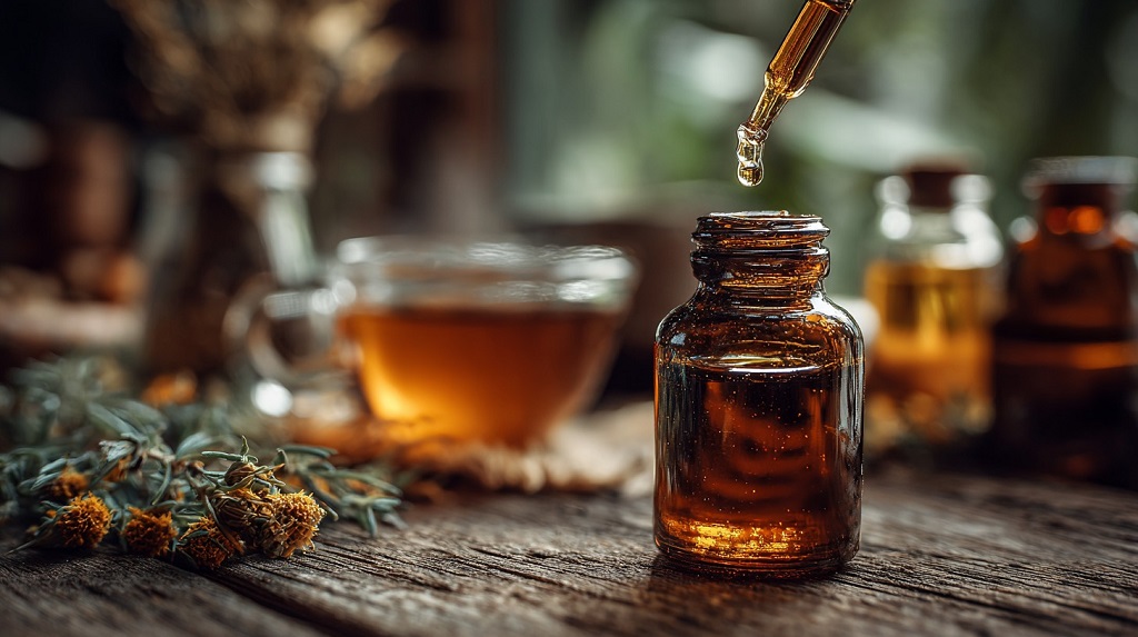 Bočica propolis tinkture i čaj od lekovitog bilja na drvenom stolu, simbol prirodne terapije za grlo