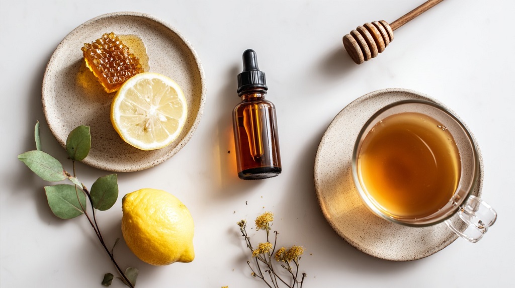 Propolis kapi, limun, med i biljni čaj na svetloj podlozi, kombinacija prirodnih lekova za imunitet i grlo