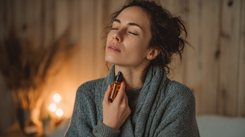 Žena koristi propolis tinkturu za grlo, u toplom ambijentu doma, prirodan način za ublažavanje bolnog grla