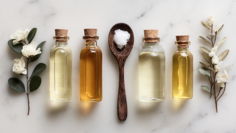 Biljna ulja u bočicama na mermernoj pozadini