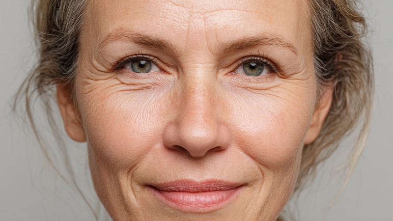 Portret žene sa vidljivim borama i prirodnim osmehom, prikazuje zdravu, negovanu kožu i realan efekat prirodne nege protiv bora