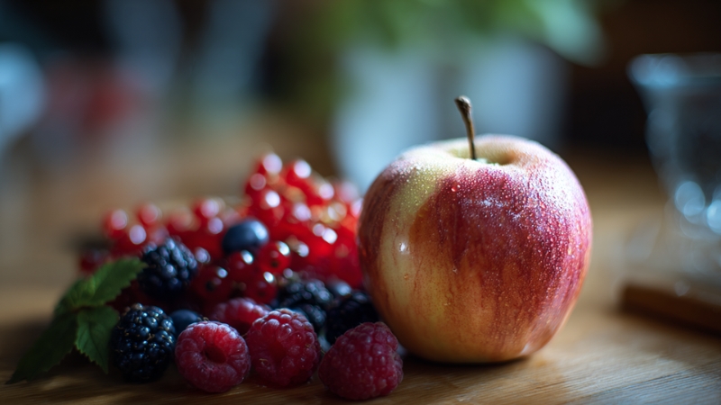 Jabuka i bobičasto voće na kuhinjskom stolu