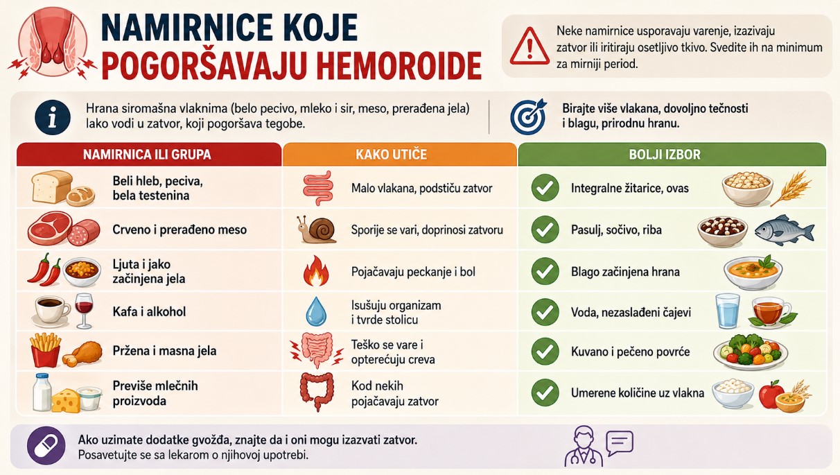 Infografik prikazuje namirnice koje mogu pogoršati hemoroide, njihove efekte na varenje i preporučene zamene, uključujući beli hleb, prerađeno meso, ljutu hranu, kafu, alkohol, masnu hranu i previše mlečnih proizvoda.
