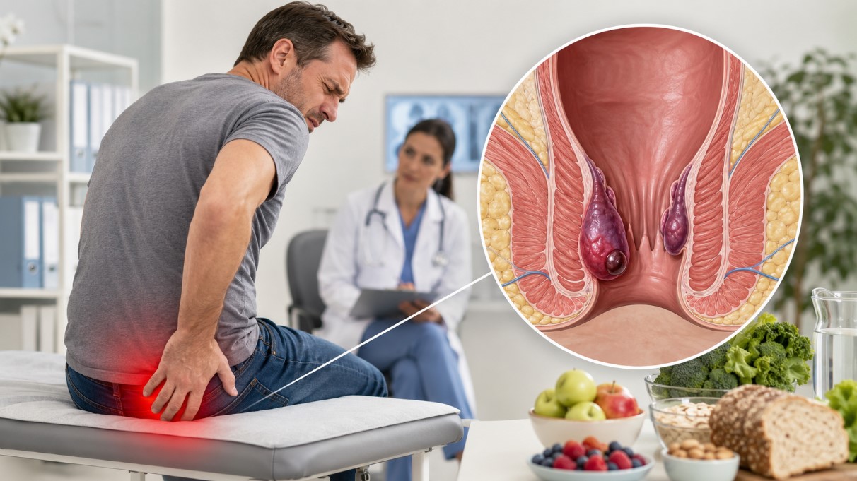Pacijent sa jakim bolom usled tromboziranih hemoroida tokom lekarske konsultacije, uz medicinski prikaz upale i ugruška.